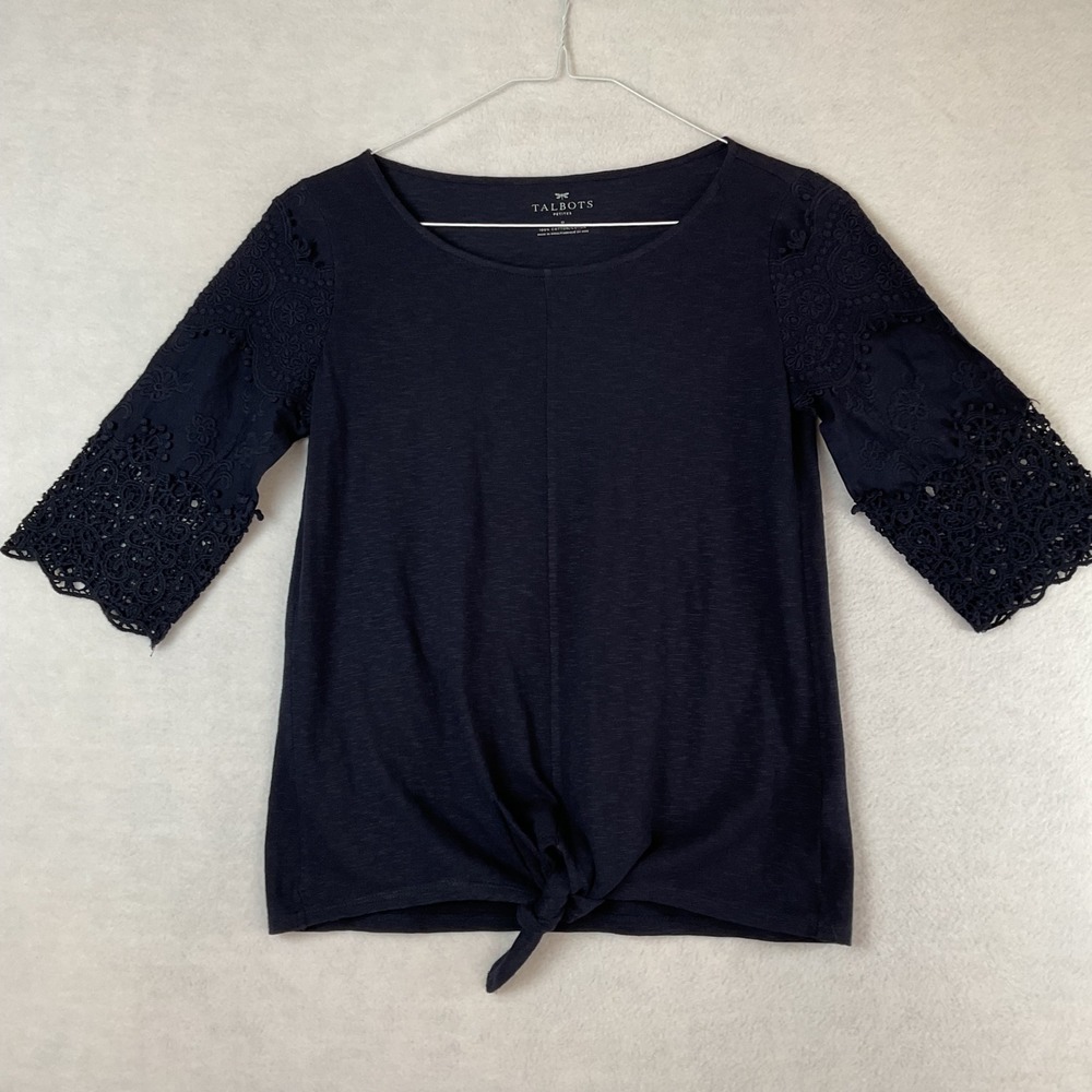 Talbots Petites Navy Blue Slub Cotton Lace Sleeve Front Tie Top Size P